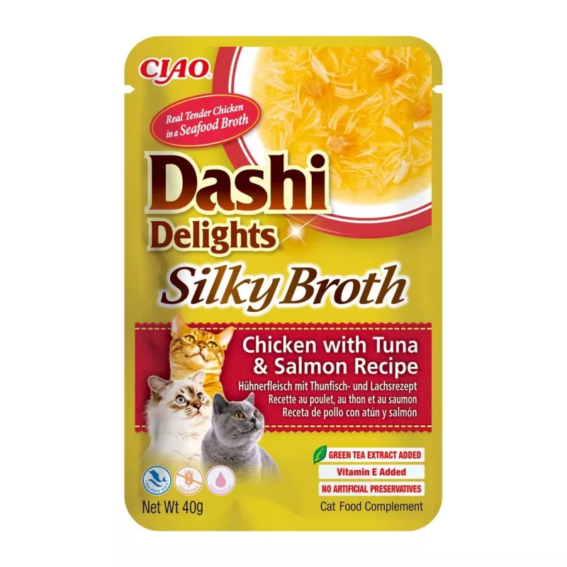 Šlapias skanėstas katėms INABA Dashi Delights Silky Broth – Vištiena su tunu ir lašiša, 40 g paketėlis, 93% drėgmės, virškinimo palaikymui