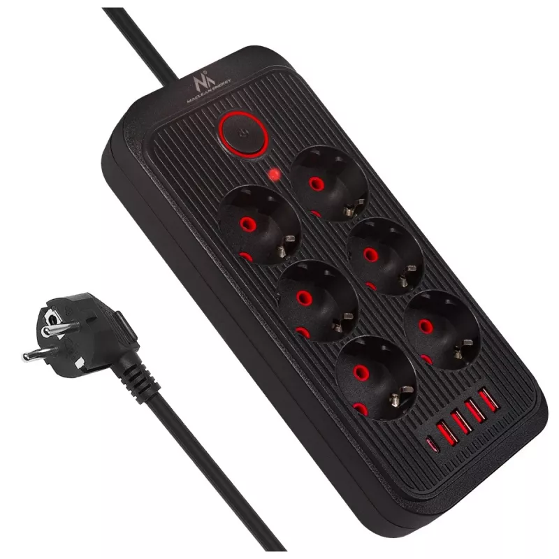 Maclean MCE391 B ilginimo lizdas – 6 kištukiniai lizdai, 4×USB-A + 1×USB-C, 110–240V, 2500W, 3 m laidas, juodas