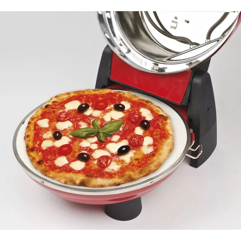 Picos kepimo aparatas G3FERRARI G10032 — 1200 W, akmens kepimo paviršius, iki 400 °C, 31 cm pica, mechaninis laikmatis, raudonas