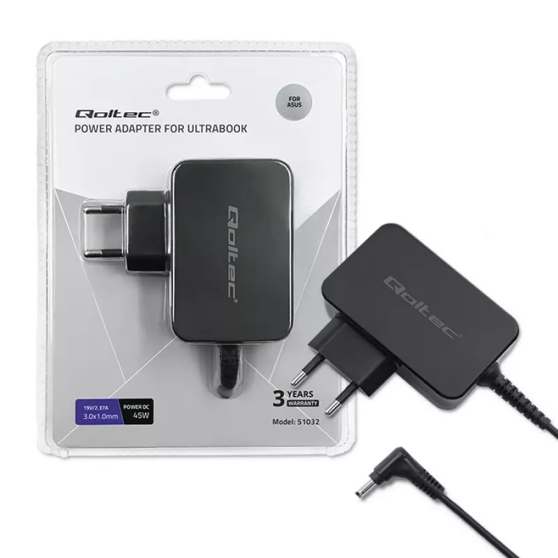 Maitinimo adapteris nešiojamam kompiuteriui Qoltec 51032 45W vidaus, juodas
