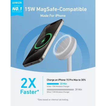 Anker MagGo belaidis įkroviklis baltas USB belaidis greitasis įkrovimas skirtas naudoti patalpose