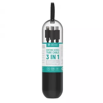 USB 3-in-1 įkrovimo ir duomenų kabelis Devia Kintone Series — Lightning, Micro-USB, USB-C, 1,2 m, juodas