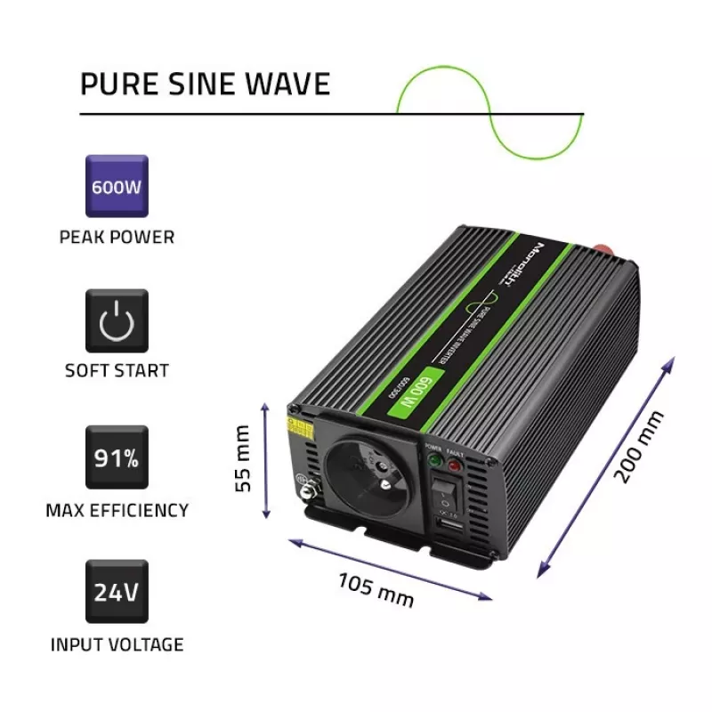 Qoltec Monolith automobilinis keitiklis 600 W juodas