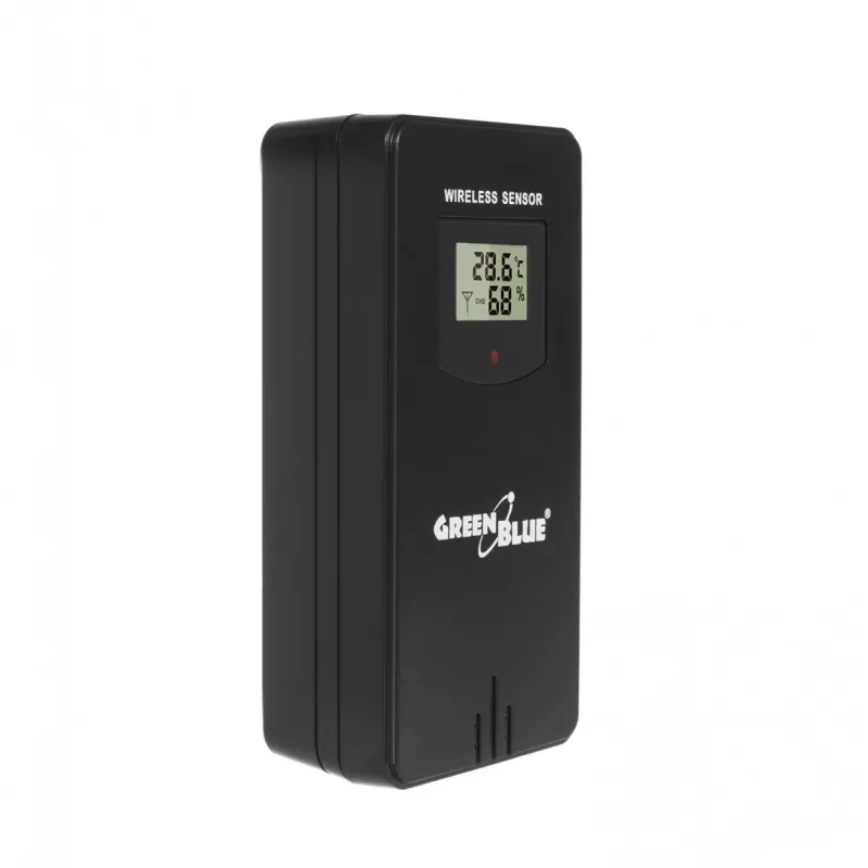 Hygrometras termometras GreenBlue GB540 – vidaus 0–50°C / lauko -20–65°C, DCF laikrodis, lauko jutiklis 60 m, juodas