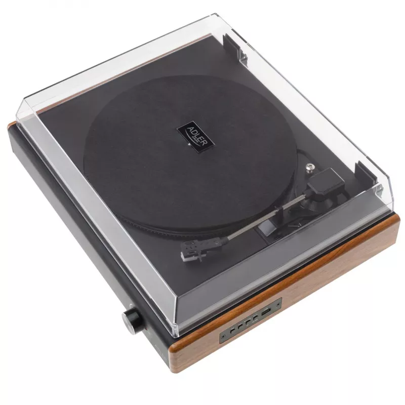 Patefono grotuvas su diržine pavara Adler AD 1915 USB – keraminė plokštelė, 45 RPM, nuolatinės srovės variklis, Bluetooth 5.4, USB išvestis, 2×10 W garsiakalbiai