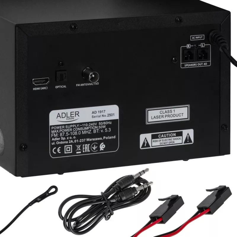 Mini Hi-Fi stereo sistema Adler AD 1917 – Bluetooth 5.3, CD/USB/MP3, 2×25 W RMS, FM imtuvas, 4 juostų ekvalaizeris, AUX, juoda