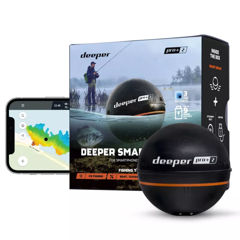 Nešiojamas žuvų ieškiklis Deeper Smart Sonar PRO+ 2, 3 spinduliai, 100 m gylis, 65×65×65 mm, Li‑Ion 950 mAh