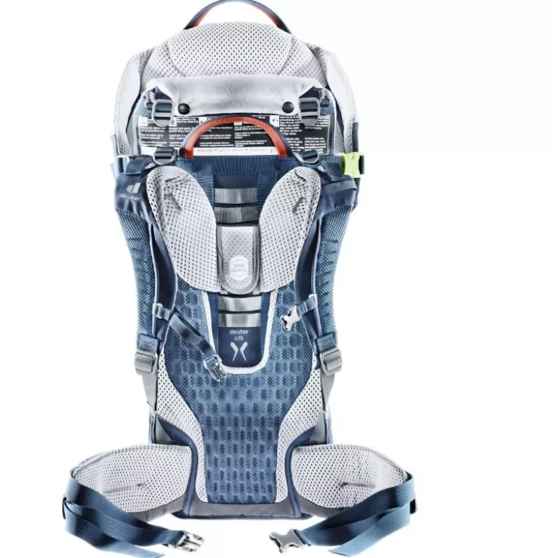 Kūdikio nešimo kuprinė DEUTER Kid Comfort Active – mėlyna, poliamidas, iki 22 kg, saulės stogelis, kojų atrama, VariQuick, Lite Air