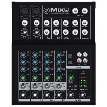 Mikseris Mackie Mix8 – 8 kanalų kompaktiškas analoginis garso maišytuvas, 20–30000 Hz, 3800 Ω mikrofono įėjimas, 198×244×53 mm