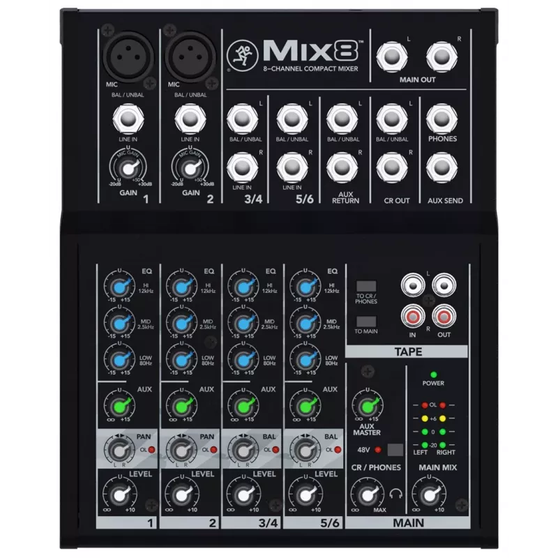 Mikseris Mackie Mix8 – 8 kanalų kompaktiškas analoginis garso maišytuvas, 20–30000 Hz, 3800 Ω mikrofono įėjimas, 198×244×53 mm