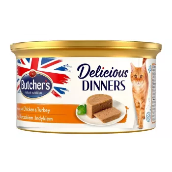 Šlapias maistas katėms BUTCHER'S Delicious Dinners su vištiena ir kalakutiena, 85 g, be grūdų, be glitimo