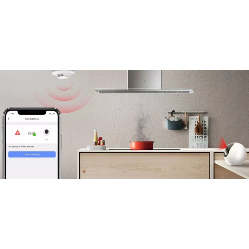 Dūmų detektorius EZVIZ CS-T4C – belaidis ZigBee, 3V ličio baterija, 87×35×87 mm, 85 dB, lubinis, baltas