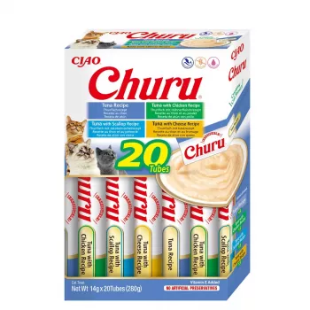 Šlapi katinų skanėstai INABA Churu Variety Box – Tunas, 20 x 14 g, pasta, drėgnumas 88%, baltymai 8,5%