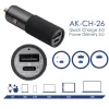 Akyga AK-CH-26 GaN automobilinis įkroviklis 12/24 V, 100 W, USB-C PD 3.0 + USB-A QC 3.0, pilkas