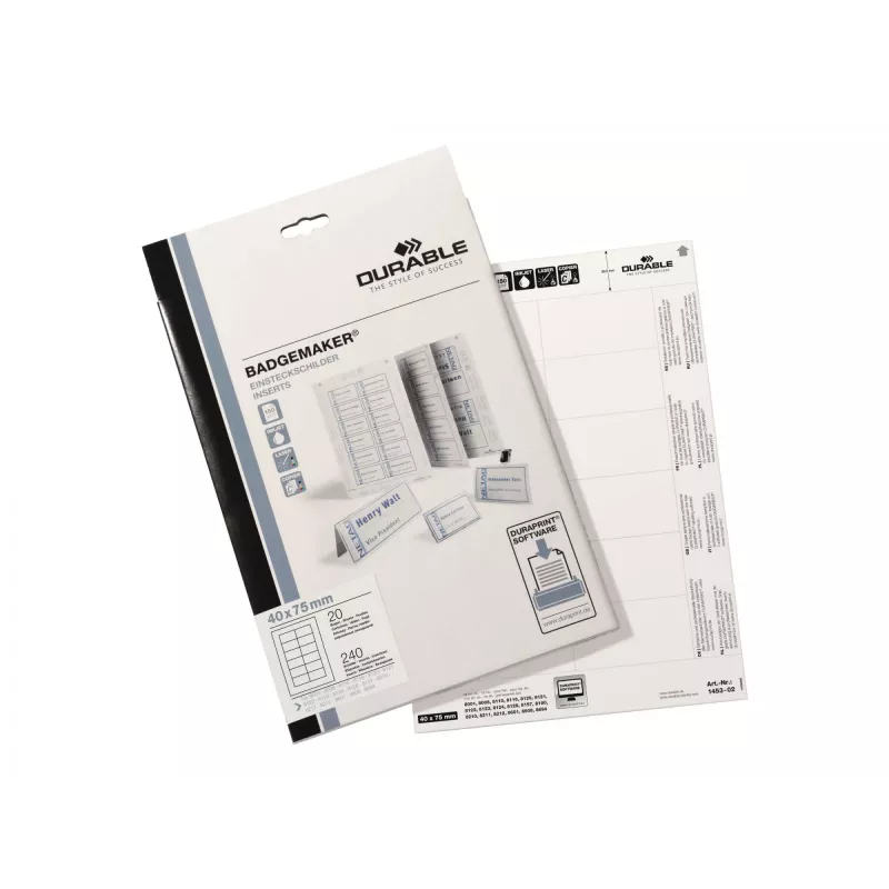 Durable 1453-02 Įdėklai vardų kortelėms, 240 vnt., A4 perforuoti lapai