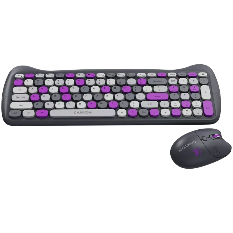 Belaidė klaviatūros ir pelės rinkinys CANYON HSET-W6 Kitty Edition – violetinis