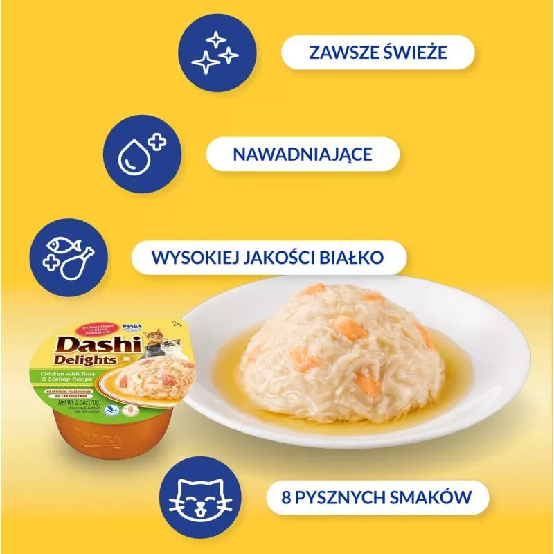 Katės skanėstas INABA Dashi Delights vištiena, tunas ir šukutės sultinyje 70 g