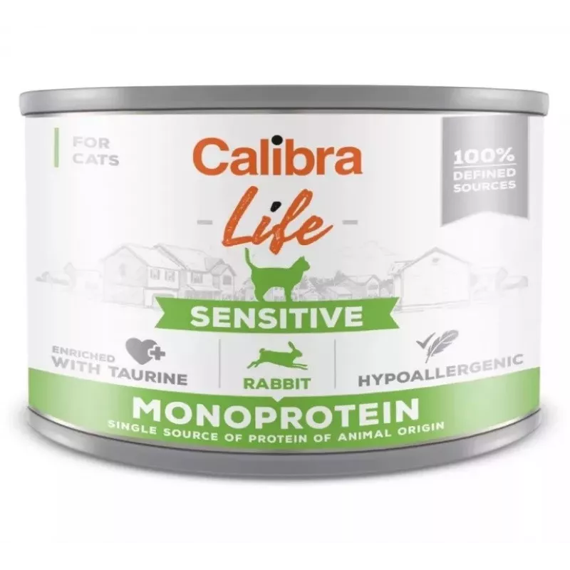 Šlapias kačių maistas Calibra Cat Life Sensitive Rabbit 200 g skardinė, suaugusioms katėms, pilnavertis pašaras, be glitimo, be cukraus