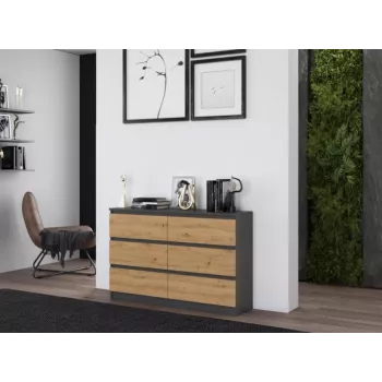 Komoda Top e shop M6 120 – Antracitas/Ąžuolas, 6 stalčių, 1200×300×770 mm, medžio drožlių plokštė