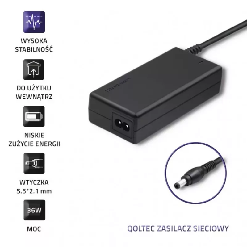 Qoltec 50769 stalinis maitinimo blokas 36 W, 12 V, 3 A, 5,5 x 2,1 mm, su maitinimo laidu