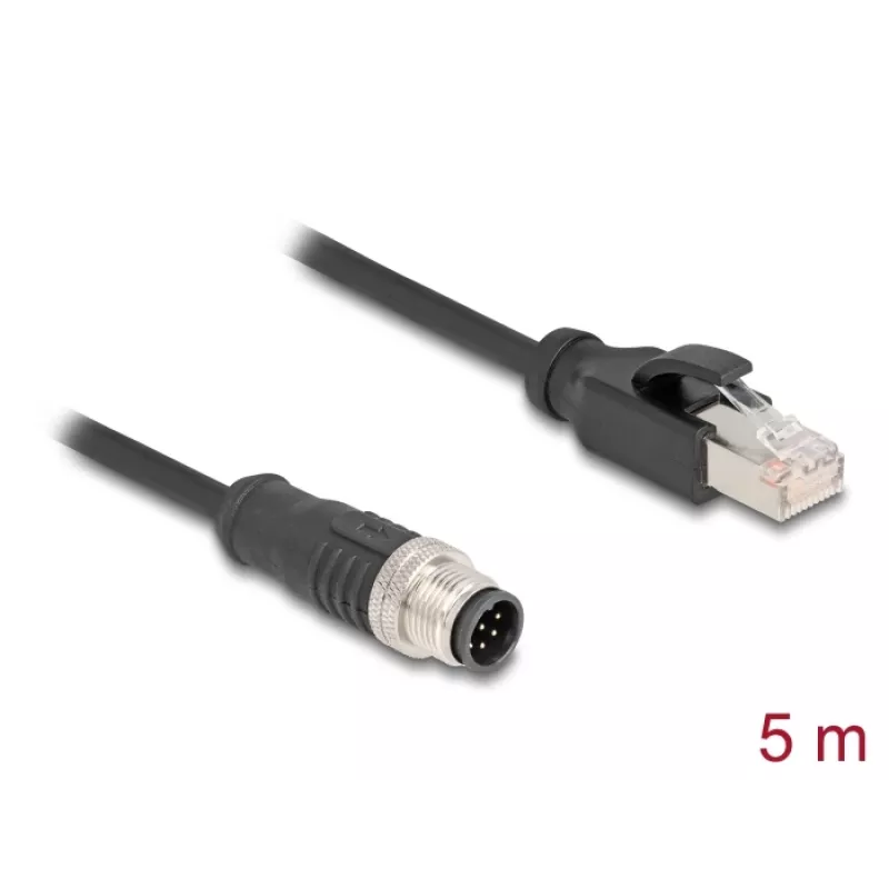 Tinklo kabelis DeLOCK M12 A-koduotas 8 kontaktų kištukas į RJ45 kištuką Cat5e 5 m juodas