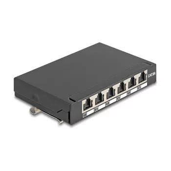 Pataisų skydelis DELOCK Mini Desktop RJ45 6 prievadų Cat.6A ekranuotas, metalinis, juodas, 80×22×125 mm