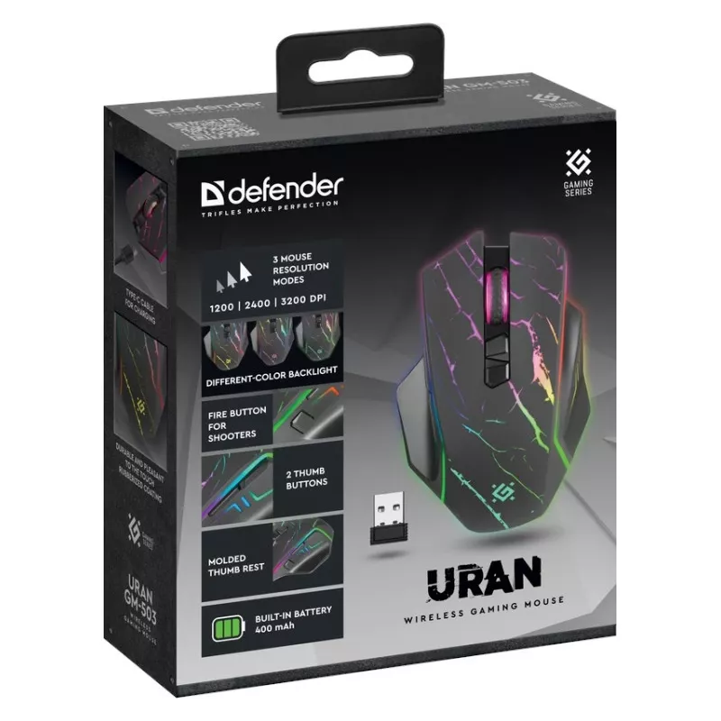 Bevielė žaidimų pelė DEFENDER URAN GM-503 Optic RF RGB 3200dpi 8P