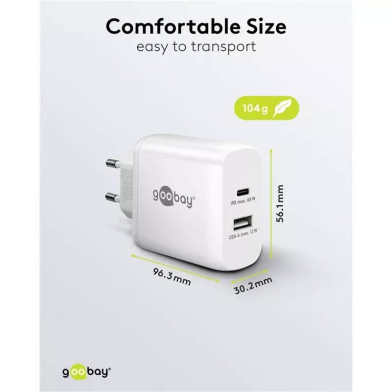USB-C dviejų prievadų greitasis įkroviklis, PD, GaN, 65 W (baltas, 1x USB-C, 1x USB-A, Power Delivery)