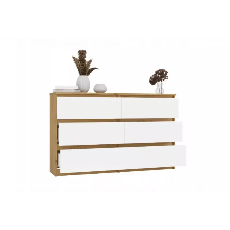 Komoda su 6 stalčiais 120 cm Top E Shop Malwa — Artisan Oak / Balta, medžio drožlių plokštė
