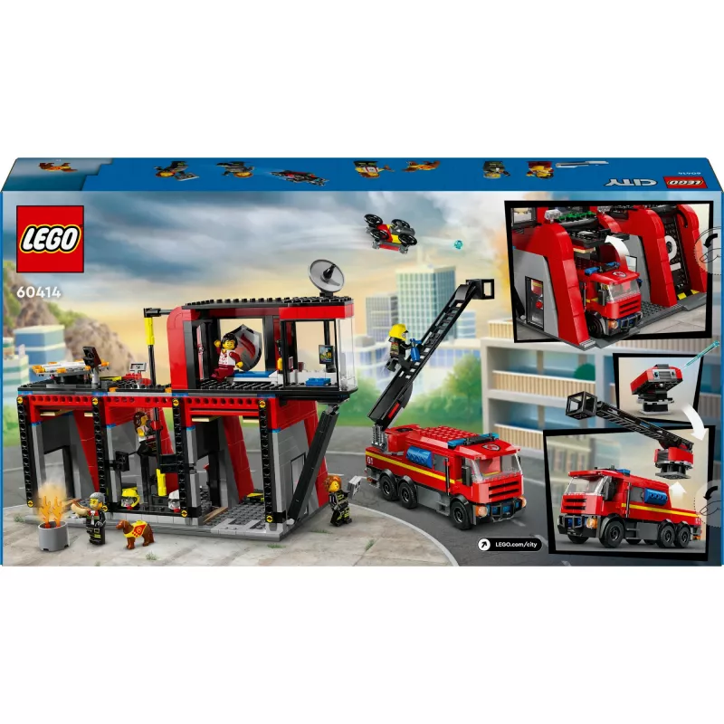 Konstruktorius LEGO City Gaisrinė su sukamu kopėčių automobiliu 60414 — 843 detalės, 5 minifigūrėlės, 220×320×140 mm