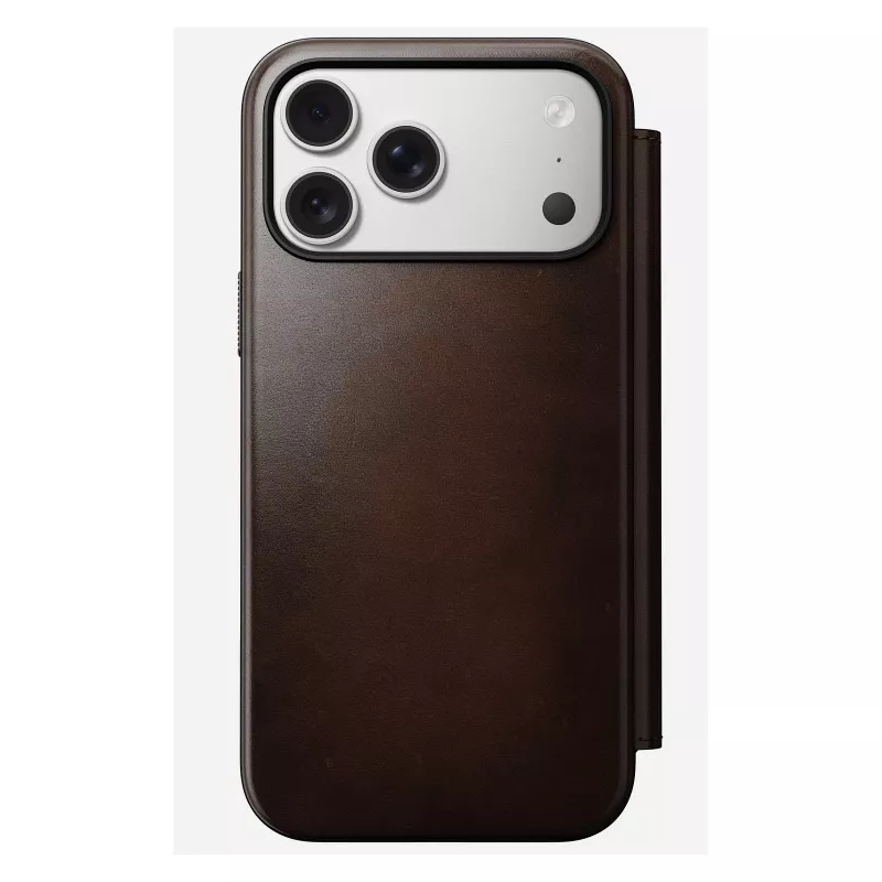 Nomad Modern Leather Folio dėklas iPhone 17 Pro Max — Ruda oda, 6,3 colio ekranas, 4 kortelių kišenės