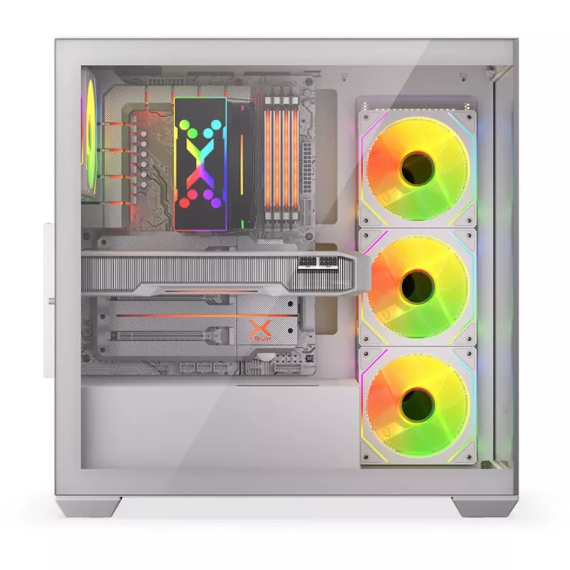 Kompiuterio korpusas KRUX Exo RGB White – ATX bokštas, plienas, 2x3.5 colio + 2x2.5 colio vietos, USB-C, RGB