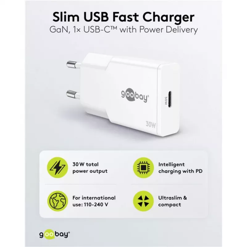 USB-C PD GaN greitasis įkroviklis plonas (30 W) (Baltas)