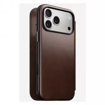 Nomad Modern Leather Folio dėklas iPhone 17 Pro Max — Ruda oda, 6,3 colio ekranas, 4 kortelių kišenės