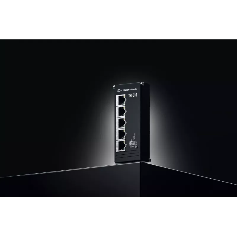 Teltonika NETWORKS TSF010 plokščiasis Ethernet jungiklis, nevaldomas Fast Ethernet (10/100), DIN bėgelis, juodas