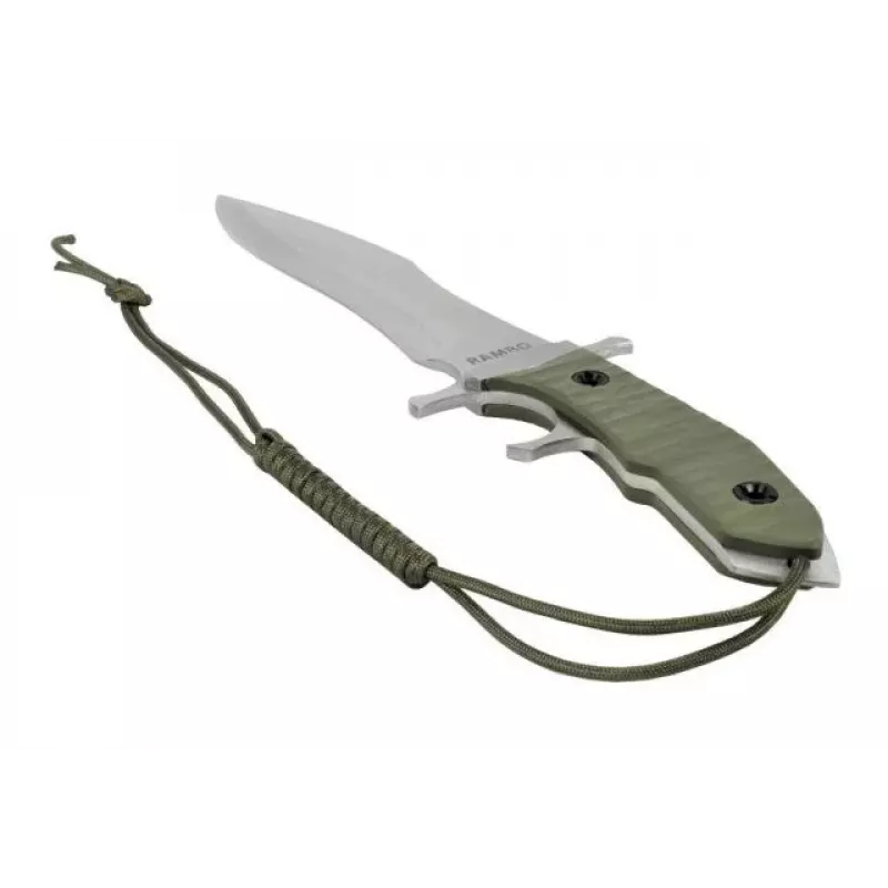 Fiksuotas peilis Cinema Classic CC-H5 Rambo V – išgyvenimo peilis, plieninis ašmenys 230 mm, bendras ilgis 385 mm, polimerinė žalia rankena, odinė makštis