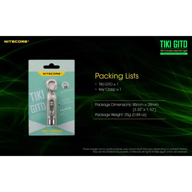Raktų pakabuko žibintuvėlis Nitecore TIKI GITD Pilka – USB įkraunamas, 1 lm, 55 mm, 12 g, IP66