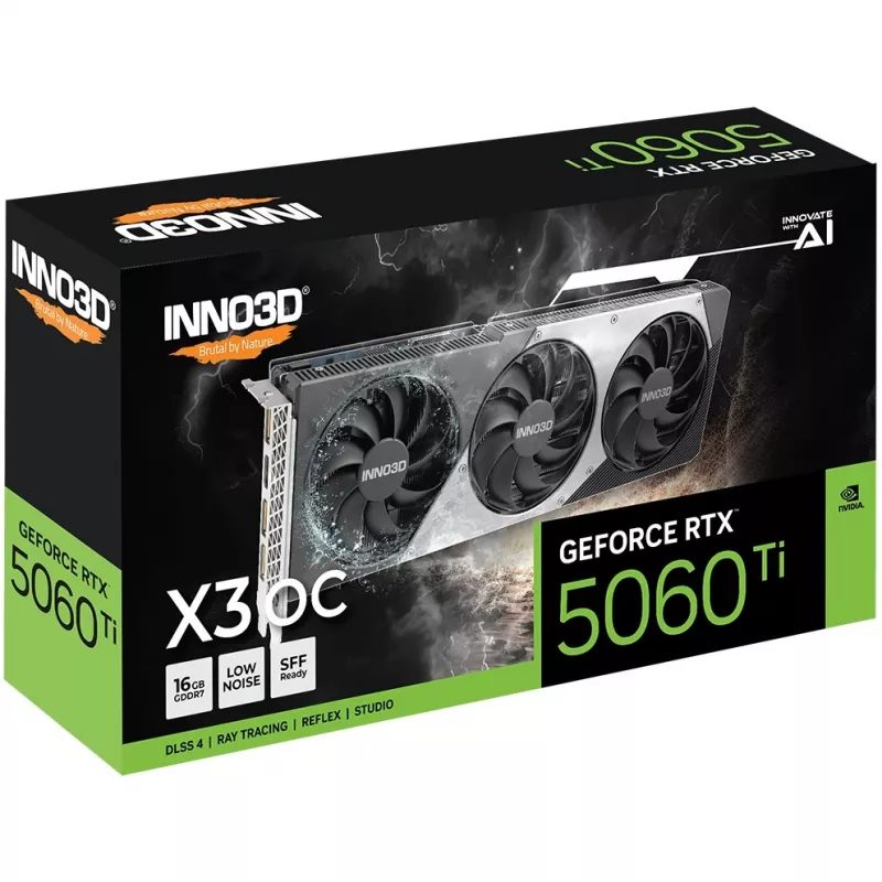 Vaizdo plokštė Inno3D GeForce RTX 5060 Ti – 16 GB GDDR7, PCIe 5.0, 128 bitų, 3x DP 2.1b + HDMI 2.1b