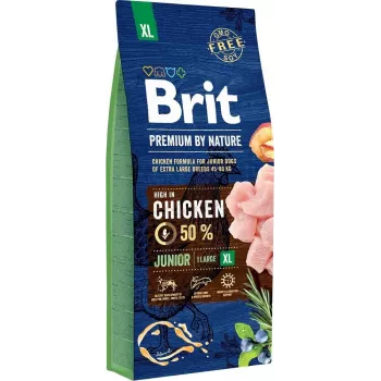 Sausas šunų ėdalas Brit Premium by Nature Junior XL 15 kg – vištiena, 31% baltymų, 16% riebalų, didelėms veislėms (40–60 kg)