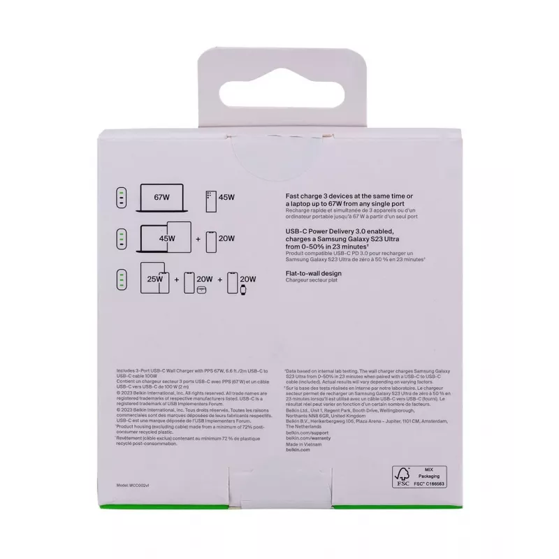 Belkin BoostCharge įkroviklis nešiojamam kompiuteriui ir išmaniajam telefonui, universalus, baltas, AC greitasis įkrovimas, vidaus naudojimui