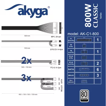 Akyga Classic AK-C1-800 ATX maitinimo blokas 800 W, 80 PLUS, aktyvus PFC, 120 mm ventiliatorius