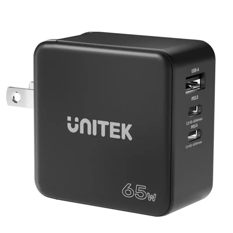 Unitek P1117B USB-C PD 65W Universalus Mobilus Įkroviklis, 2x USB‑C PD + 1x USB‑A, Juodas