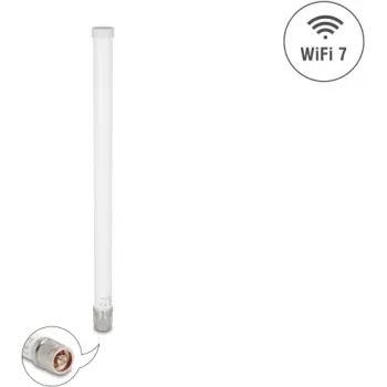 Išorinė universali WiFi 7 antena DELOCK 81455 N-type 4,5–6,6 dBi 32 cm vertikali poliarizacija balta