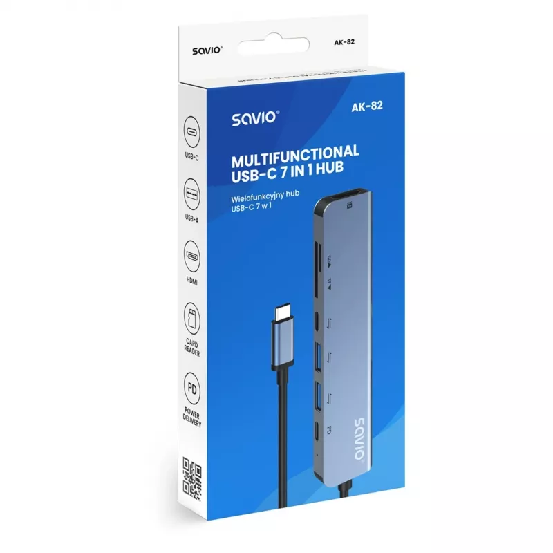 USB Type-C stotelė SAVIO AK-82 su HDMI, MicroSD, USB 3.2 Gen1, PD, 4K@30Hz, 5000 Mbit/s, juoda