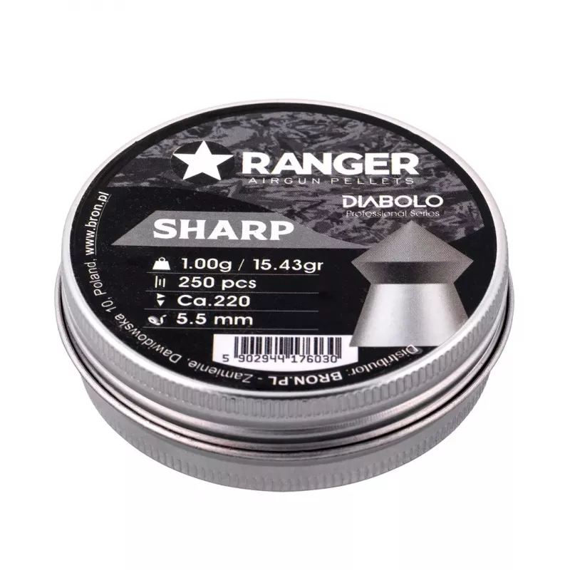 Šratiniai šoviniai RANGER PRORO 5.5 mm, diabolo formos, sidabriniai, 250 vnt., aliumininis dozatorius