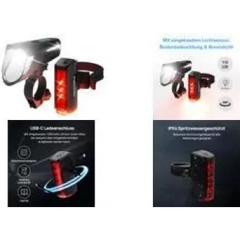 Dviračio žibintų rinkinys FISCHER FAHRRAD PLUS 110 TWIN STOP LED Juodas, priekinis ir galinis LED žibintai