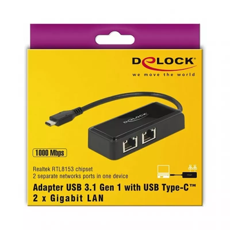 DeLOCK 63927 USB-C į 2x Gigabit LAN adapteris, juodas