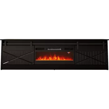 TV spintelė su židiniu Cama Meble GRANERO 200 x 56,7 x 35 cm juoda/juodas blizgesys, 2 durys, 2 lentynos, stumdomos durys, MDF/medžio drožlių plokštė