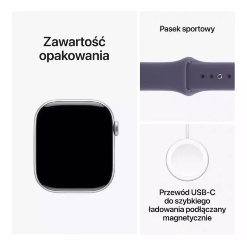 Apple Watch Series 11 GPS 46mm sidabrinis aliuminio korpusas su Purple Fog sportine juostele – M/L