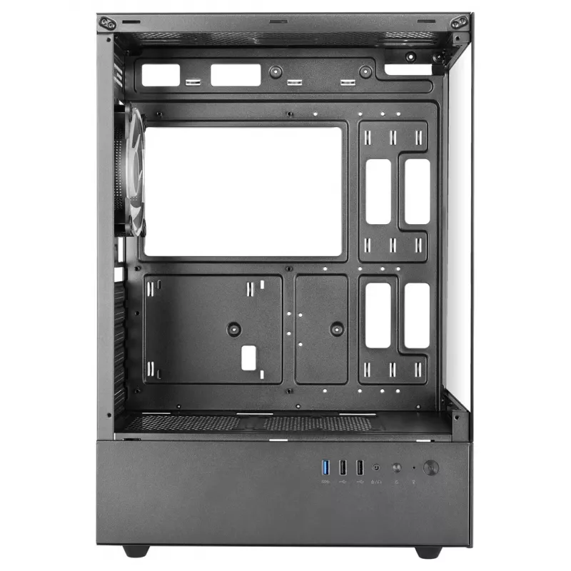 PC korpusas TACENS Mars Gaming MC-XO Midi Tower juodas — ATX/Micro-ATX/Mini-ITX, maitinimo blokas apačioje, 1×120 mm galinis ventiliatorius, palaiko iki 328 mm vaizdo plokštę